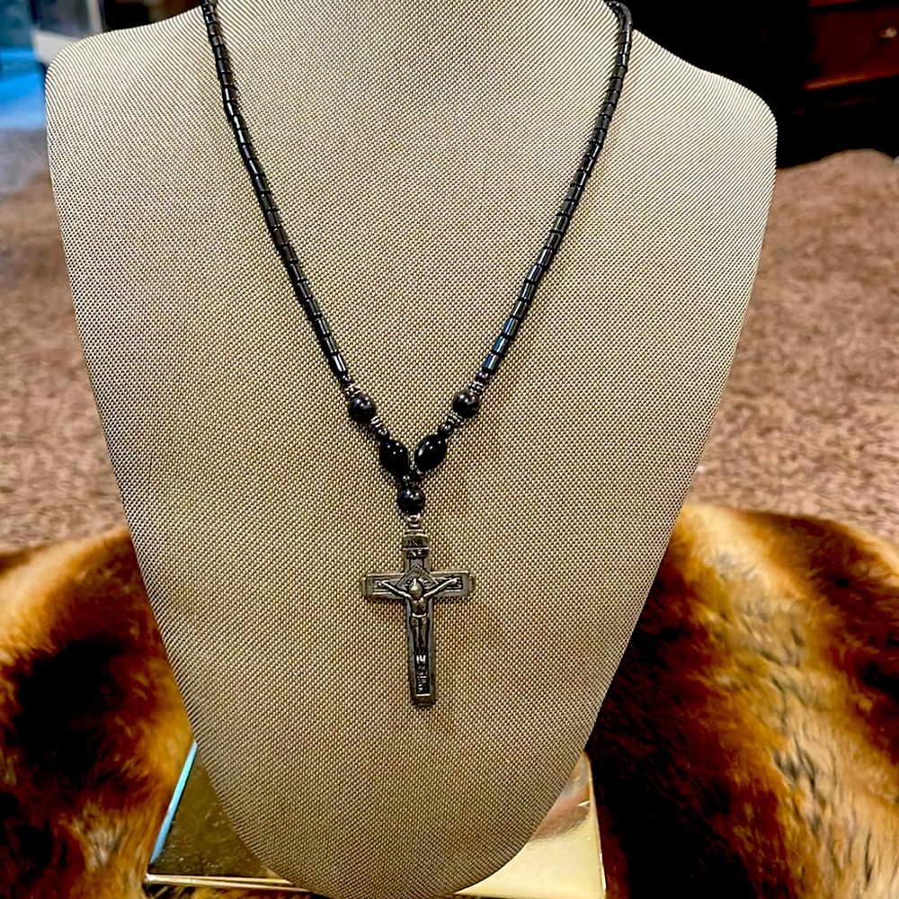 Metallic magnetized FATIMA Cross necklace, magnet clasp w 2 glass cat-eye beads